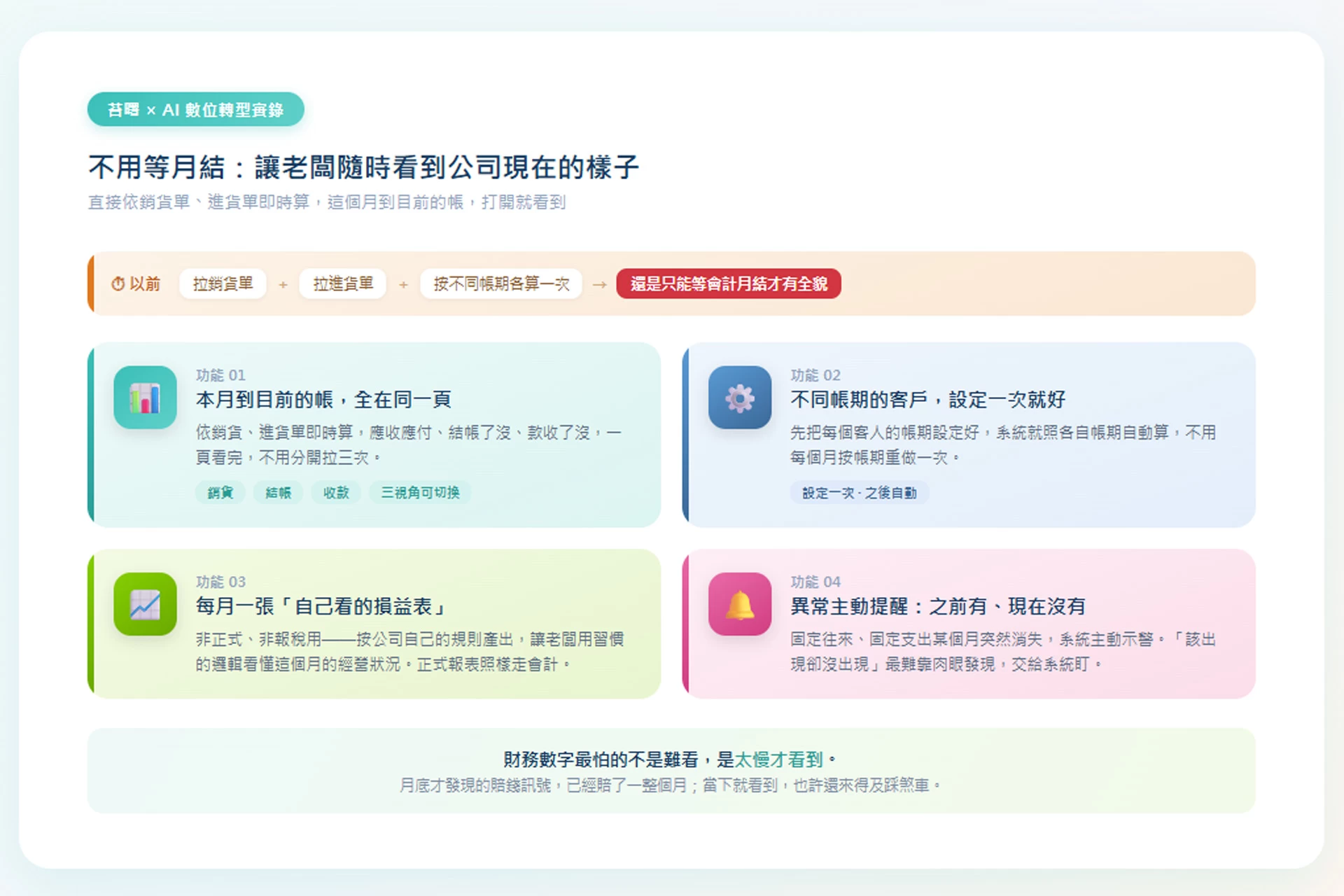 我們做了一套帳，讓老闆不用等到月底，就知道公司現在的帳務