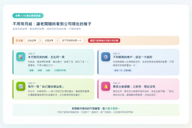 我們做了一套帳，讓老闆不用等到月底，就知道公司現在的帳務